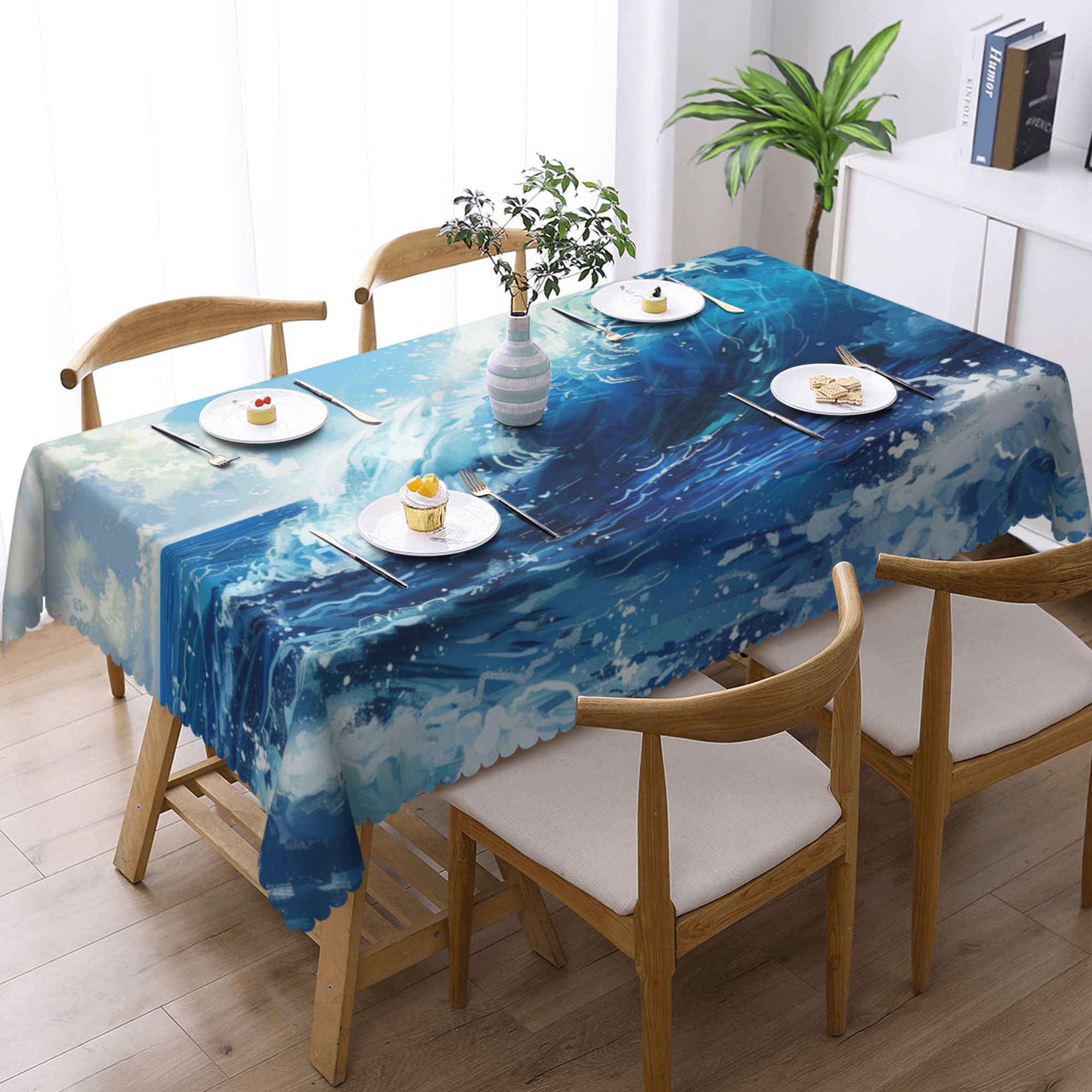 Waterproof Blue Ocean Waves Pattern Tablecloth